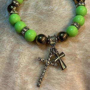Beaded Green and Gold Cross Charm Bracelet